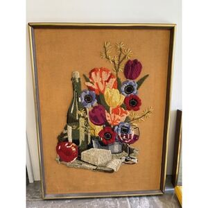 Vtg 70's Paragon Still Life Crewel Picture Wine Flowers Cheese Grannycore Framed